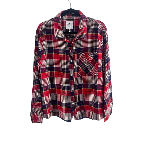 Aerie| Red Blue Plaid Flannel Shirt Cotton Blend Button Down | Large - Picture 1 of 5